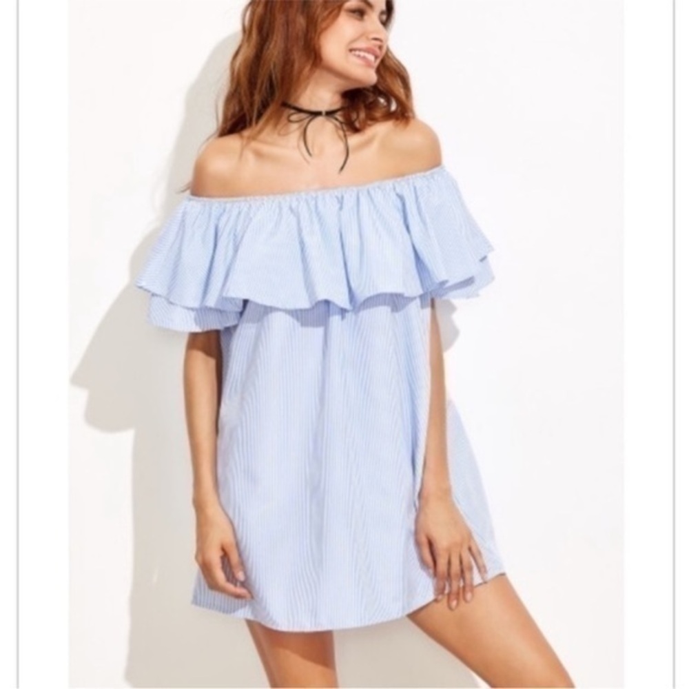 Zara Striped Off The Shoulder Mini Dress With Ruffles & Pockets